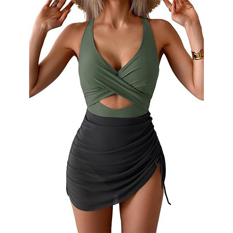 Women's Color-Block Criss-Cross One-Piece Swimdress