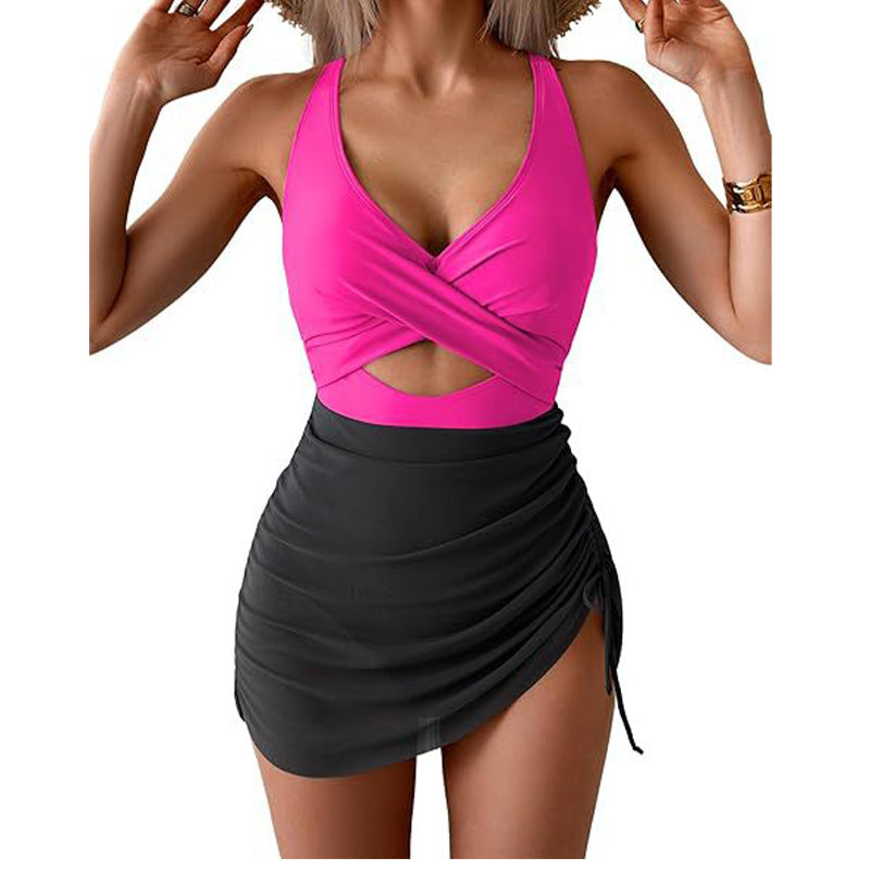 Women's Color-Block Criss-Cross One-Piece Swimdress