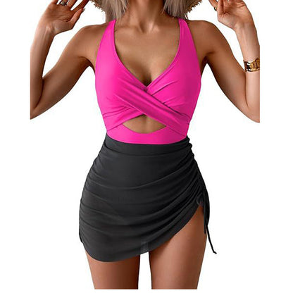 Women's Color-Block Criss-Cross One-Piece Swimdress