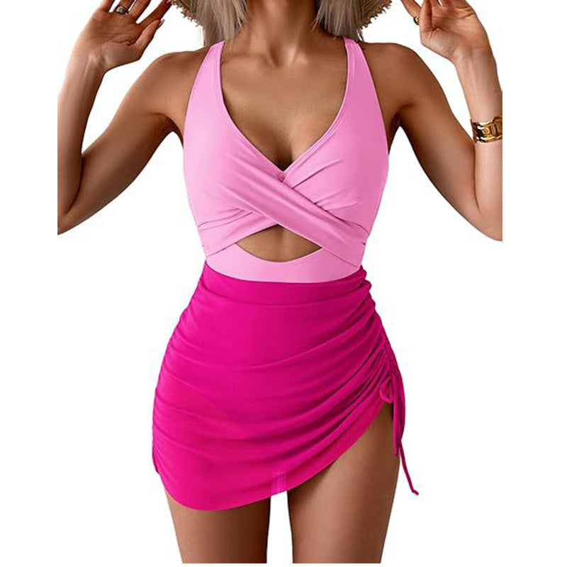Women's Color-Block Criss-Cross One-Piece Swimdress