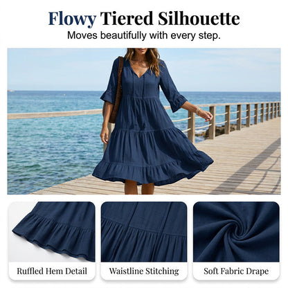 👗 LIMITED-TIME 50% OFF! ✨ Women's V-Neck Tassel Midi Dress – Tiered, Navy Blue, Plus Size 🌊