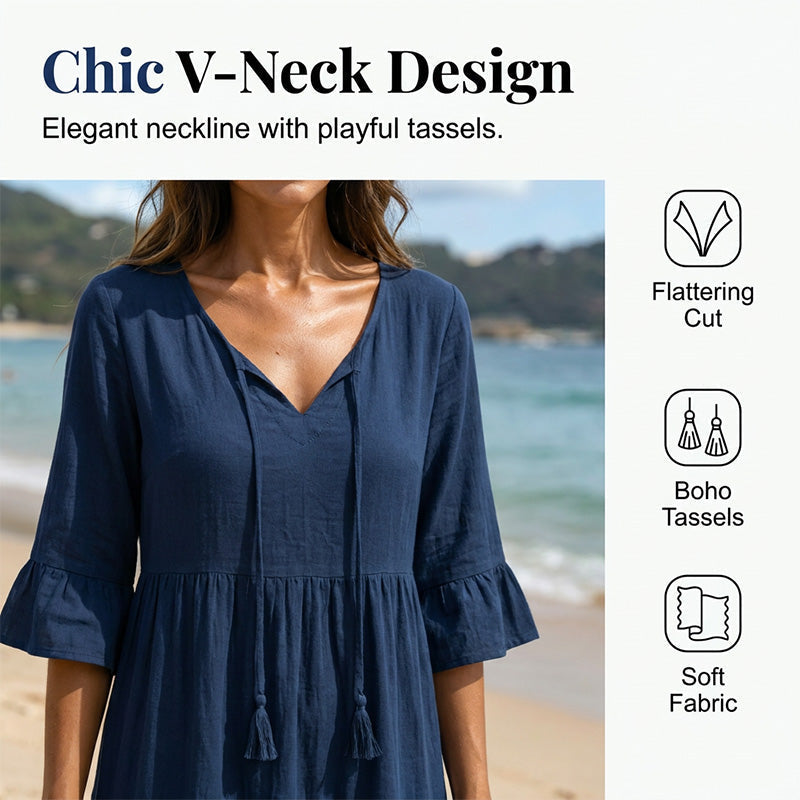 👗 LIMITED-TIME 50% OFF! ✨ Women's V-Neck Tassel Midi Dress – Tiered, Navy Blue, Plus Size 🌊