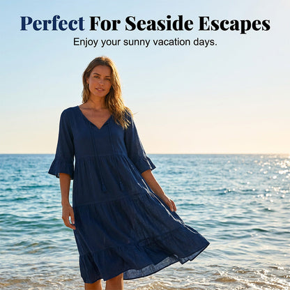 👗 LIMITED-TIME 50% OFF! ✨ Women's V-Neck Tassel Midi Dress – Tiered, Navy Blue, Plus Size 🌊