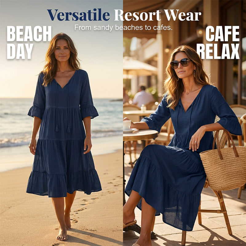 👗 LIMITED-TIME 50% OFF! ✨ Women's V-Neck Tassel Midi Dress – Tiered, Navy Blue, Plus Size 🌊