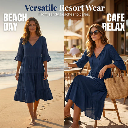 👗 LIMITED-TIME 50% OFF! ✨ Women's V-Neck Tassel Midi Dress – Tiered, Navy Blue, Plus Size 🌊