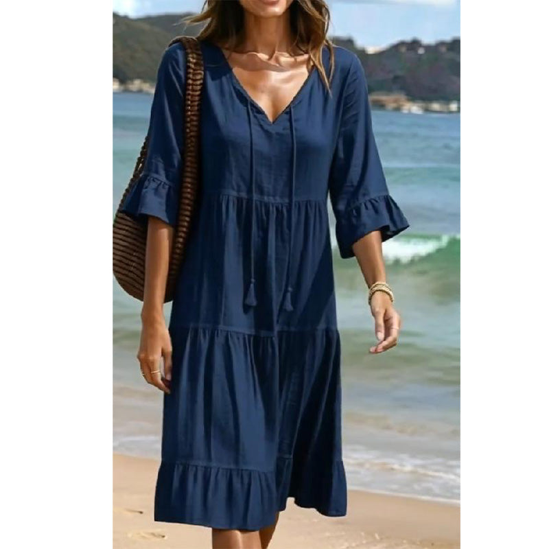 👗 LIMITED-TIME 50% OFF! ✨ Women's V-Neck Tassel Midi Dress – Tiered, Navy Blue, Plus Size 🌊