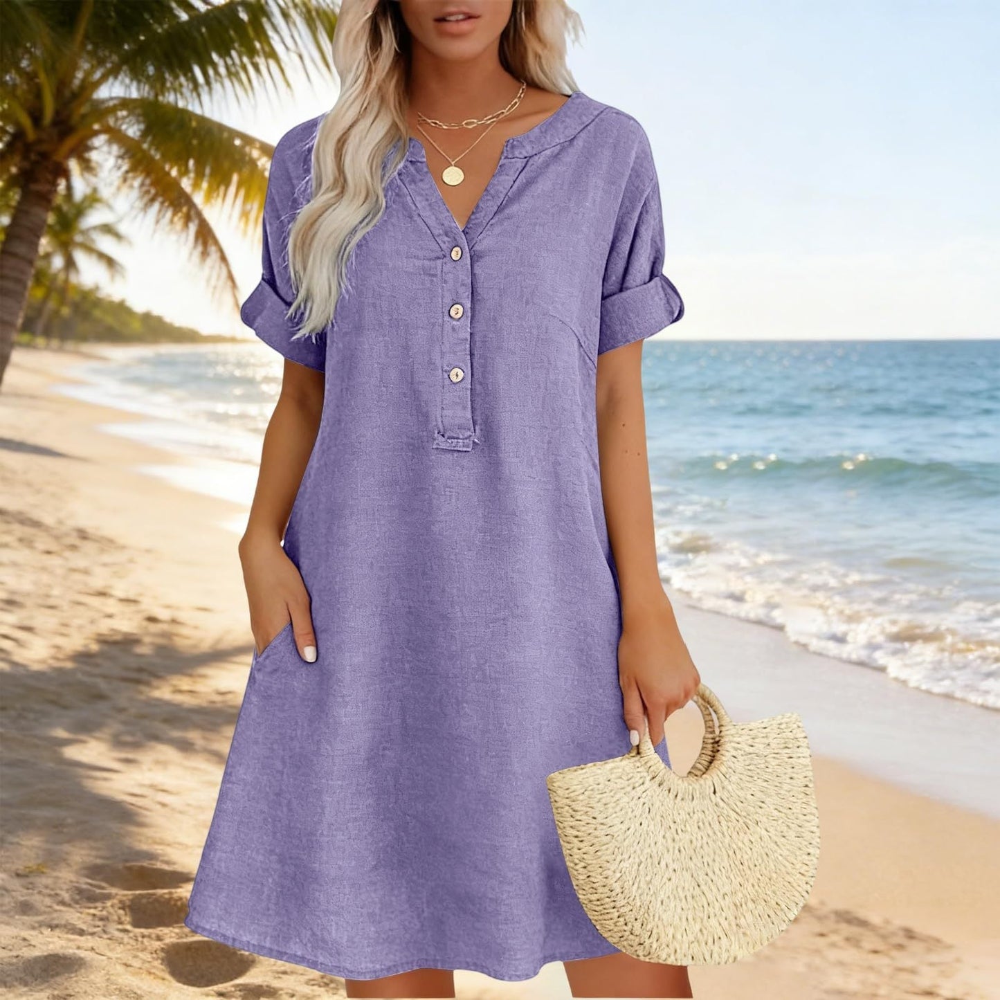 🏖️Summer Hot Sale 50% OFF🏝️👗Women's V-Neck Tunic Dress – Relaxed Fit, Pockets & Breathable