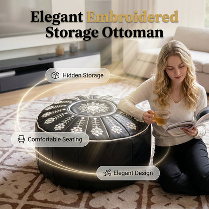 🥳2026 BESTSELLER🔥 Round Storage Ottoman – Intricate Floral Embroidery, Hidden Compartment – Comfortable Extra Seating – Premium Durable Material! 🛡️💨