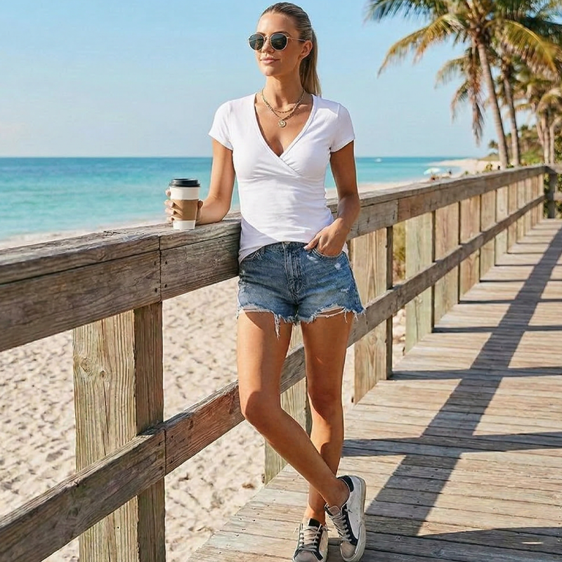 Women's V-Neck Short Sleeve Wrap T-Shirt