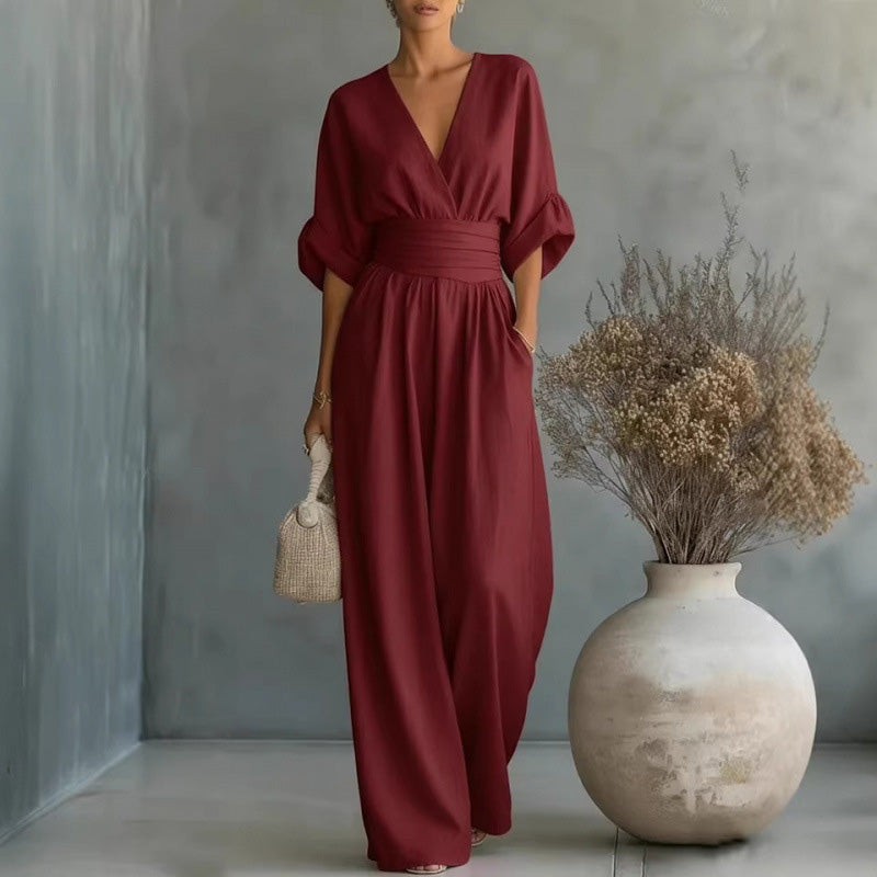 ⌛Limited-time offer-Women's V-Neck High Waist Wide Leg Jumpsuit