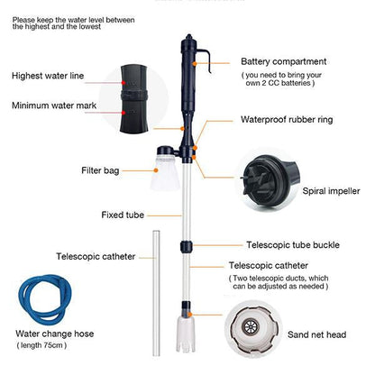 🥳2026 HOT SALE🥳💞50K+ SOLD!🐠Electric Aquarium Gravel Cleaner – Battery‑powered, no manual pumping. Adjustable tube length fits small to large tanks. Clean gravel & change water with ease! 🧹✨