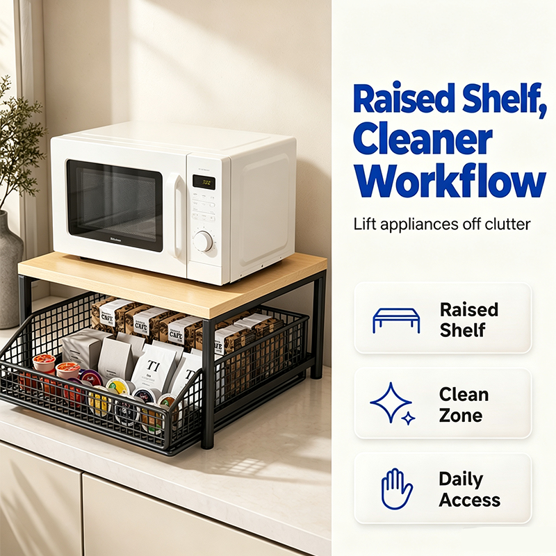 🎁2026 New Arrivals 50% OFF💥2-Tier Kitchen Microwave Stand with Slide-Out Drawer — Heavy-Duty Countertop Shelf
