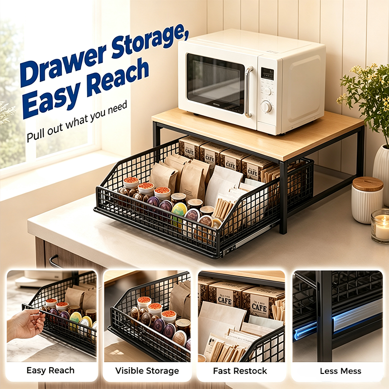 🎁2026 New Arrivals 50% OFF💥2-Tier Kitchen Microwave Stand with Slide-Out Drawer — Heavy-Duty Countertop Shelf