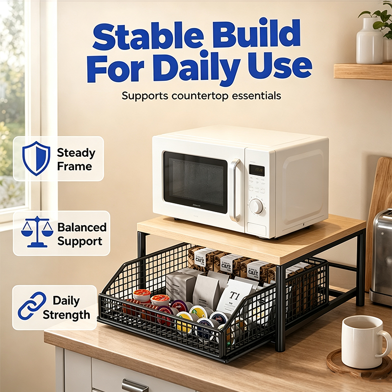 🎁2026 New Arrivals 50% OFF💥2-Tier Kitchen Microwave Stand with Slide-Out Drawer — Heavy-Duty Countertop Shelf