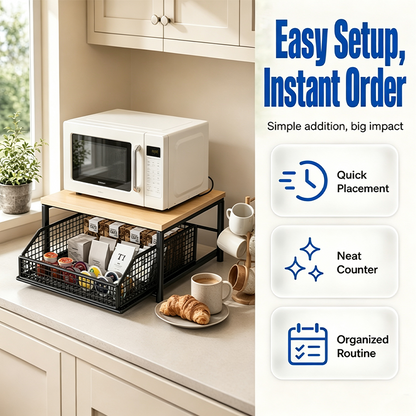 🎁2026 New Arrivals 50% OFF💥2-Tier Kitchen Microwave Stand with Slide-Out Drawer — Heavy-Duty Countertop Shelf