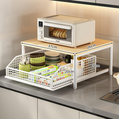 🎁2026 New Arrivals 50% OFF💥2-Tier Kitchen Microwave Stand with Slide-Out Drawer — Heavy-Duty Countertop Shelf