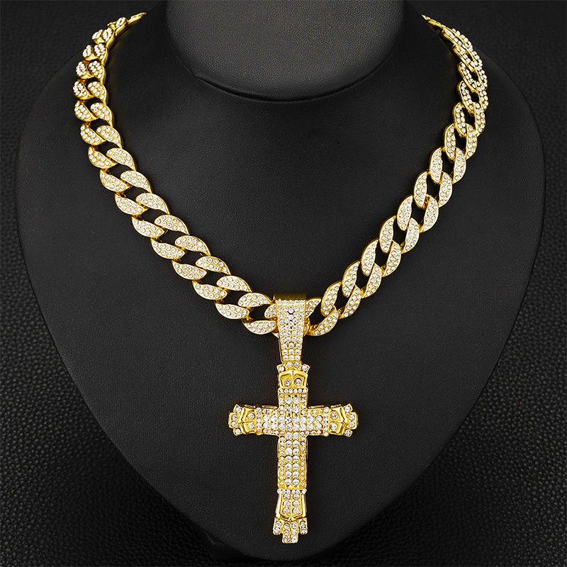 Full Rhinestone Hip-hop Bold Cross Pendant Necklace