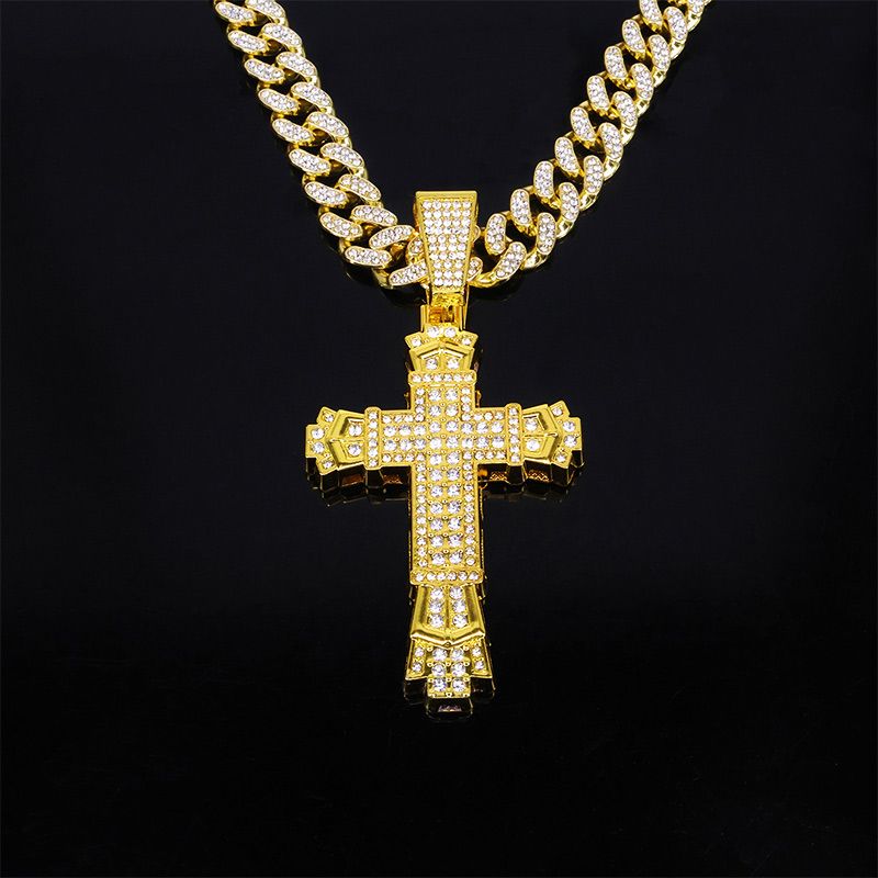 Full Rhinestone Hip-hop Bold Cross Pendant Necklace