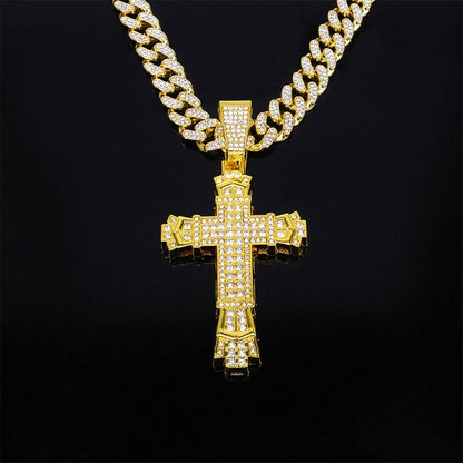 Full Rhinestone Hip-hop Bold Cross Pendant Necklace