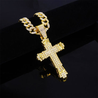 Full Rhinestone Hip-hop Bold Cross Pendant Necklace