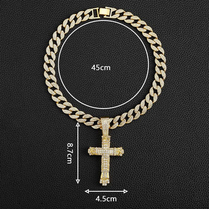 Full Rhinestone Hip-hop Bold Cross Pendant Necklace