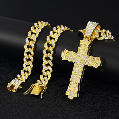 Full Rhinestone Hip-hop Bold Cross Pendant Necklace