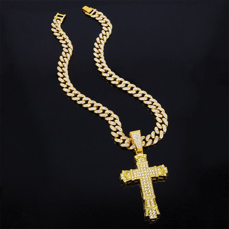 Full Rhinestone Hip-hop Bold Cross Pendant Necklace