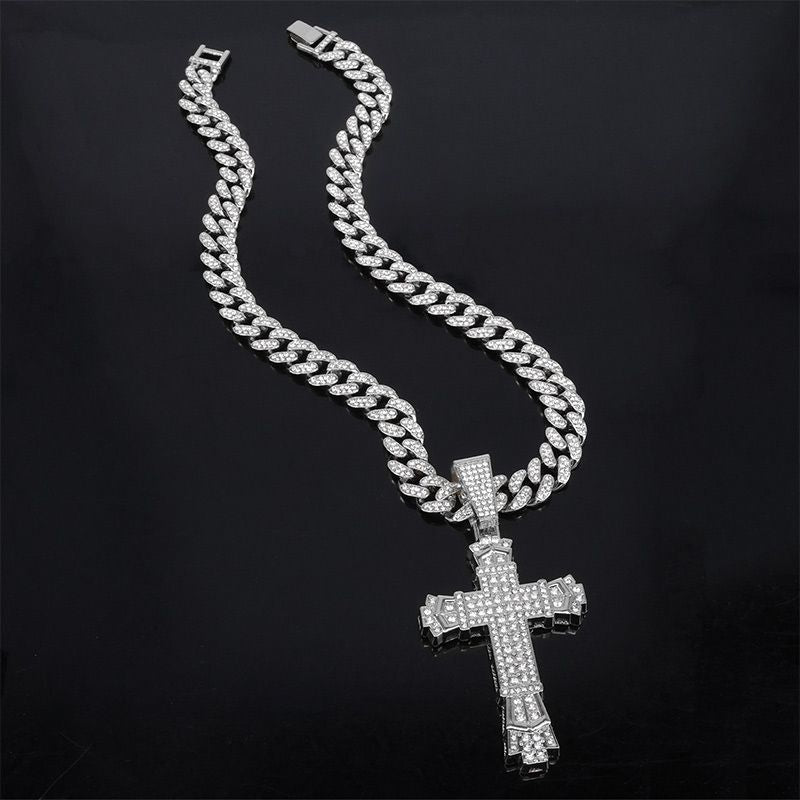 Full Rhinestone Hip-hop Bold Cross Pendant Necklace