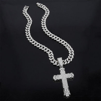 Full Rhinestone Hip-hop Bold Cross Pendant Necklace