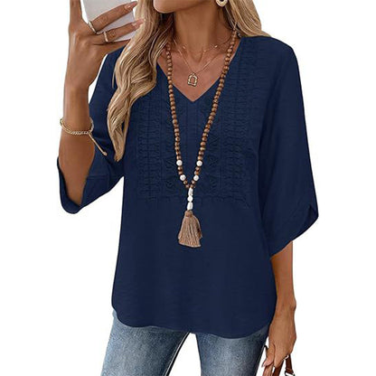 Trending Now⭐💃 Relaxed Lace-Trim Top in Rich Hues – Refined Texture & Easy Drape for All-Day Comfort
