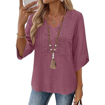 Trending Now⭐💃 Relaxed Lace-Trim Top in Rich Hues – Refined Texture & Easy Drape for All-Day Comfort