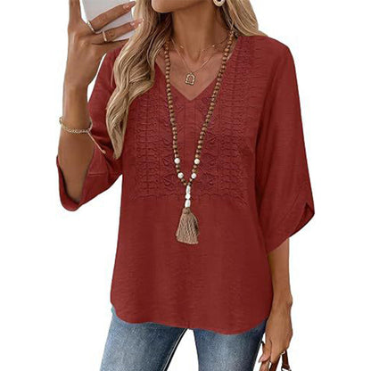 Trending Now⭐💃 Relaxed Lace-Trim Top in Rich Hues – Refined Texture & Easy Drape for All-Day Comfort