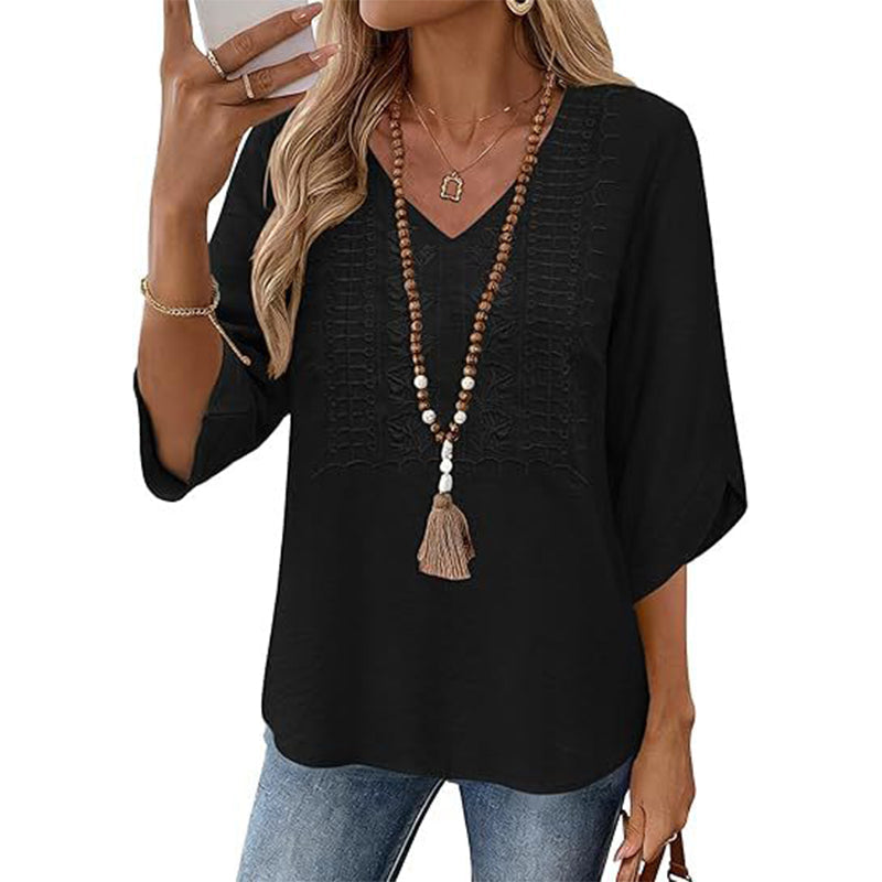 Trending Now⭐💃 Relaxed Lace-Trim Top in Rich Hues – Refined Texture & Easy Drape for All-Day Comfort