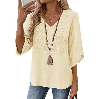 Trending Now⭐💃 Relaxed Lace-Trim Top in Rich Hues – Refined Texture & Easy Drape for All-Day Comfort