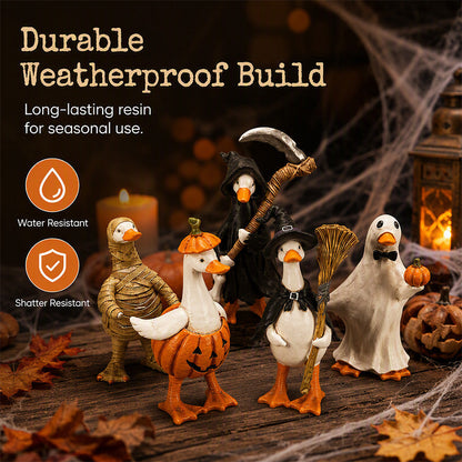 🎃BORING HALLOWEEN DECOR?🎃 Spooky Duck Set – Hand-Painted, 5 Characters, Weather-Resistant – For Shelves, Desks & Outdoors! 🦇