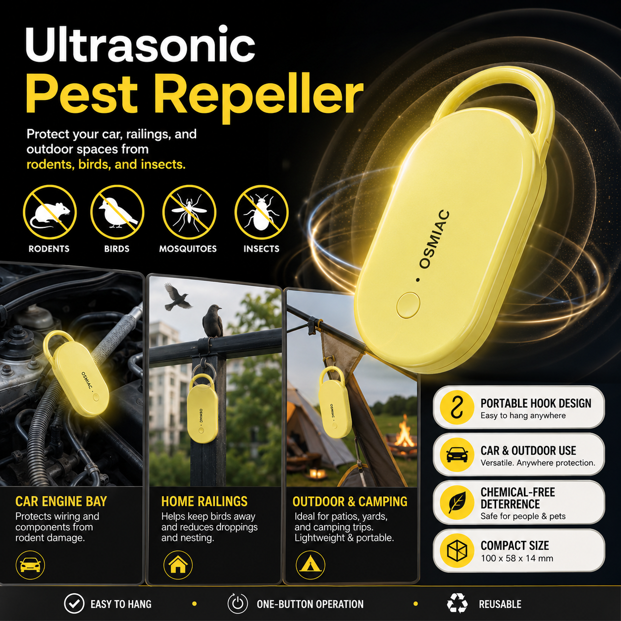 Portable Ultrasonic Pest Repeller with Hanging Hook for Car