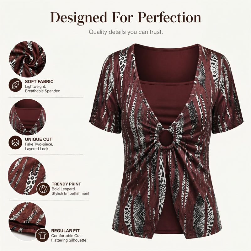 Women's Leopard Print O-Ring Faux Two-Piece T-Shirt