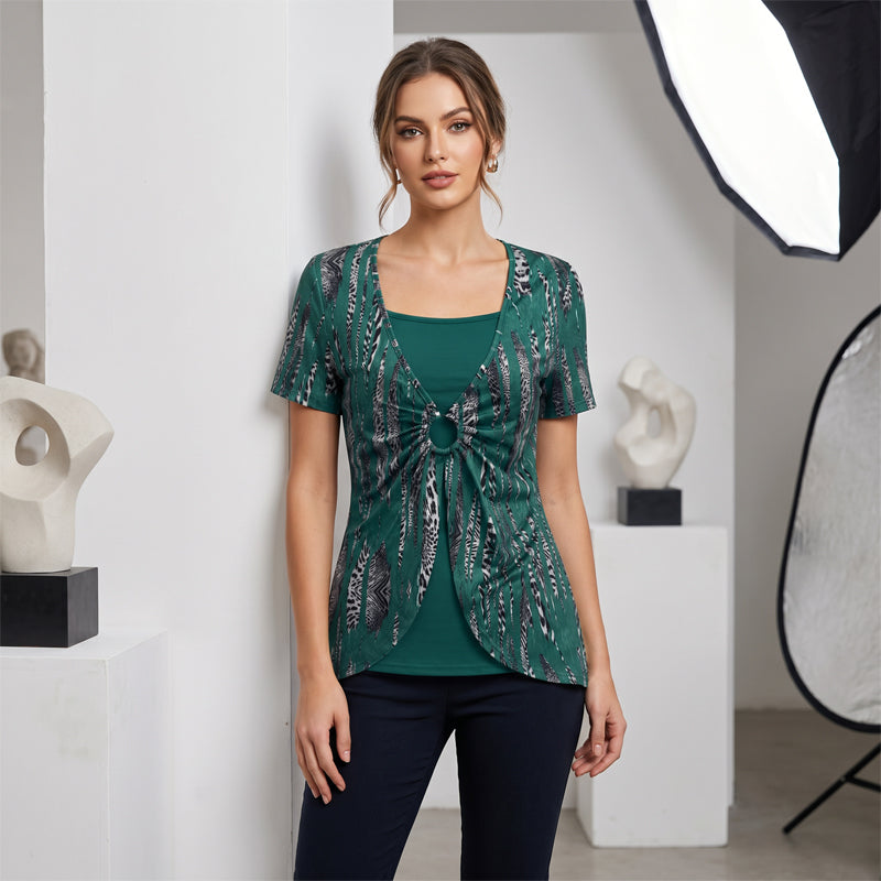 Women's Leopard Print O-Ring Faux Two-Piece T-Shirt