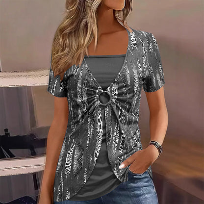 Women's Leopard Print O-Ring Faux Two-Piece T-Shirt