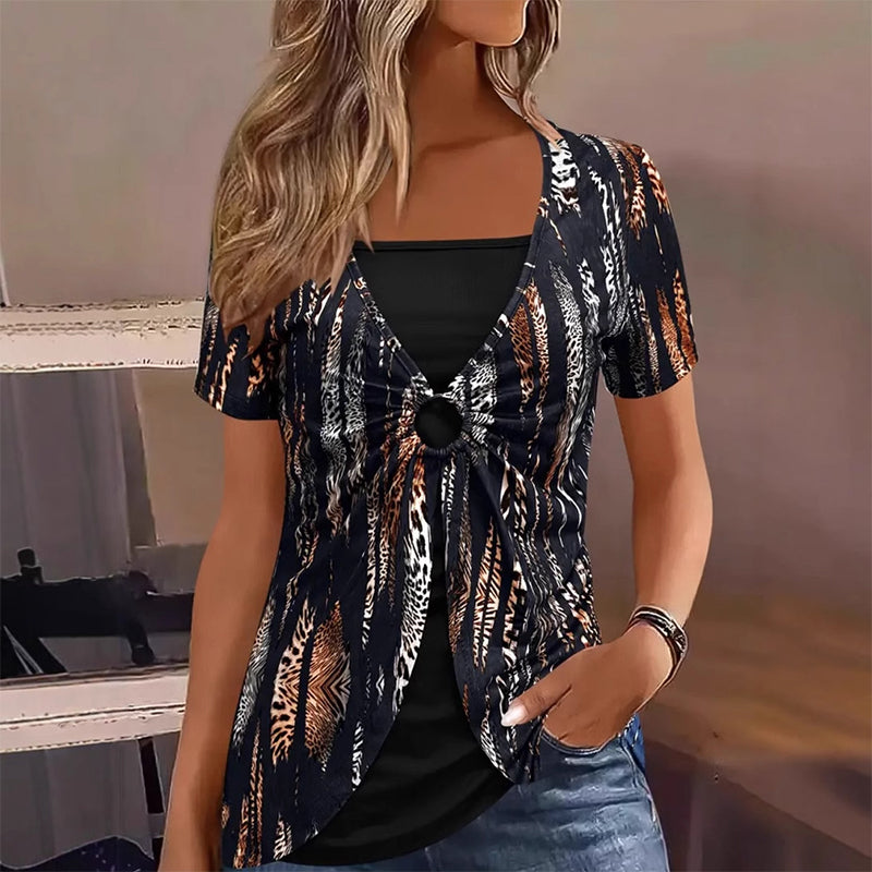 Women's Leopard Print O-Ring Faux Two-Piece T-Shirt