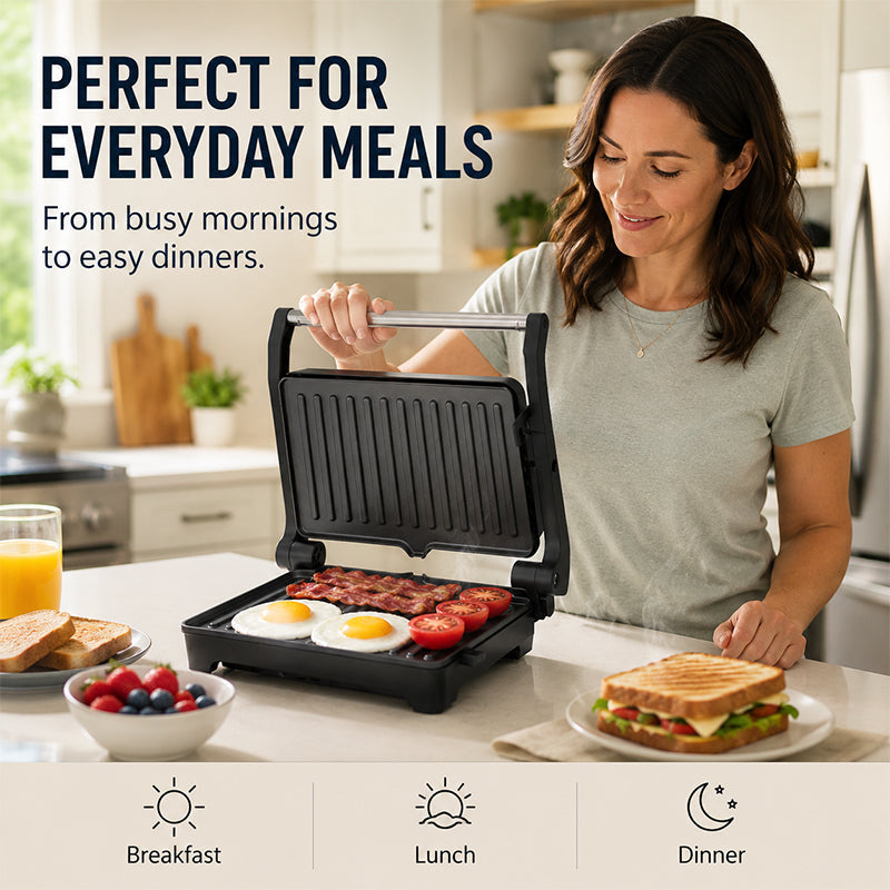 Electric Sandwich Press and Panini Maker with 180-Degree Flat Grill