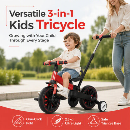 💥 50% off! 🚲 3-in-1 kids' tricycle – stroller, tricycle, and balance bike. Lightweight (2.8 kg) & foldable. High-strength carbon steel, EVA wheels. For ages 2–6, max. 90 kg. Red/Blue/Pink/Yellow 🛡️