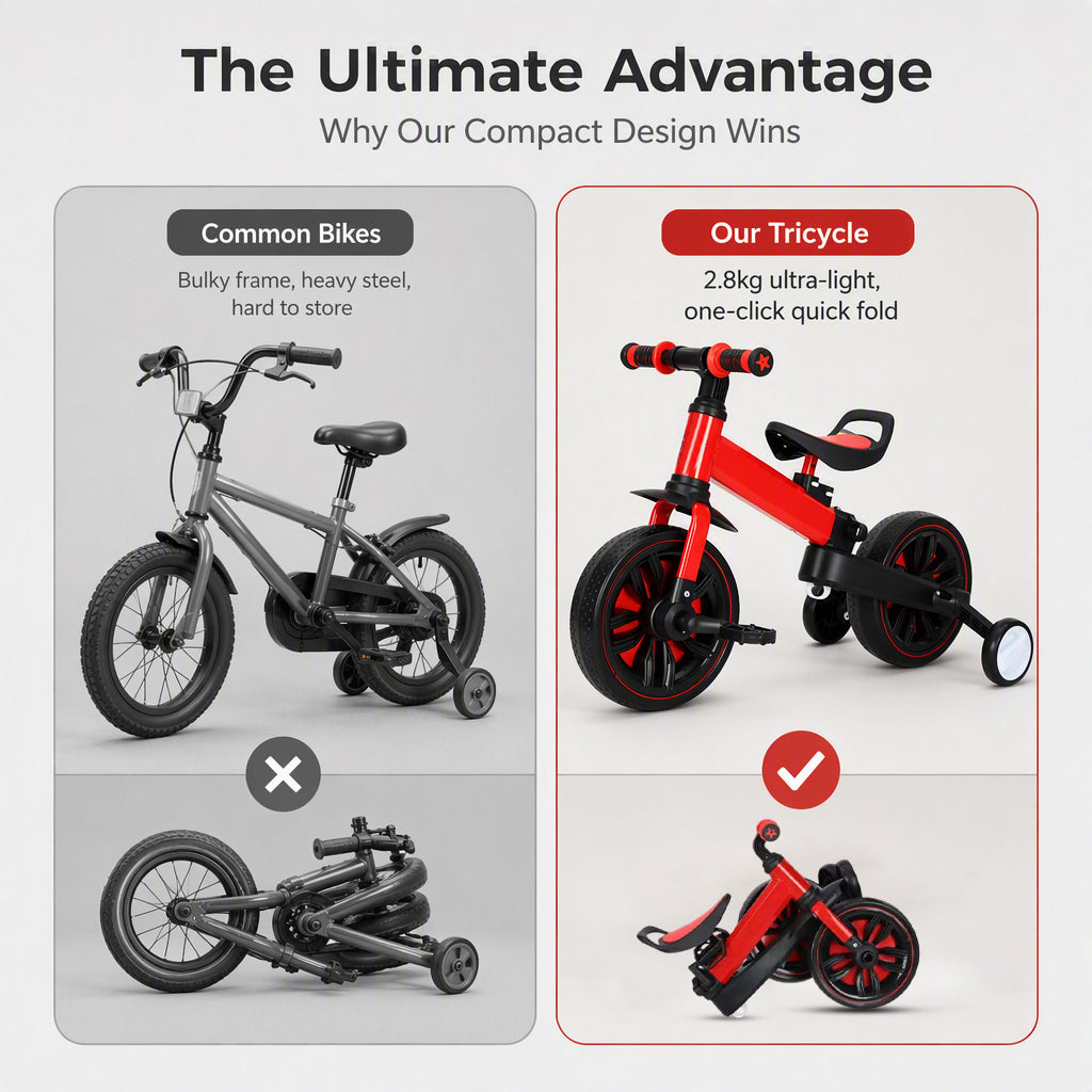 💥 50% off! 🚲 3-in-1 kids' tricycle – stroller, tricycle, and balance bike. Lightweight (2.8 kg) & foldable. High-strength carbon steel, EVA wheels. For ages 2–6, max. 90 kg. Red/Blue/Pink/Yellow 🛡️