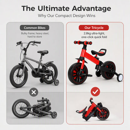 💥 50% off! 🚲 3-in-1 kids' tricycle – stroller, tricycle, and balance bike. Lightweight (2.8 kg) & foldable. High-strength carbon steel, EVA wheels. For ages 2–6, max. 90 kg. Red/Blue/Pink/Yellow 🛡️
