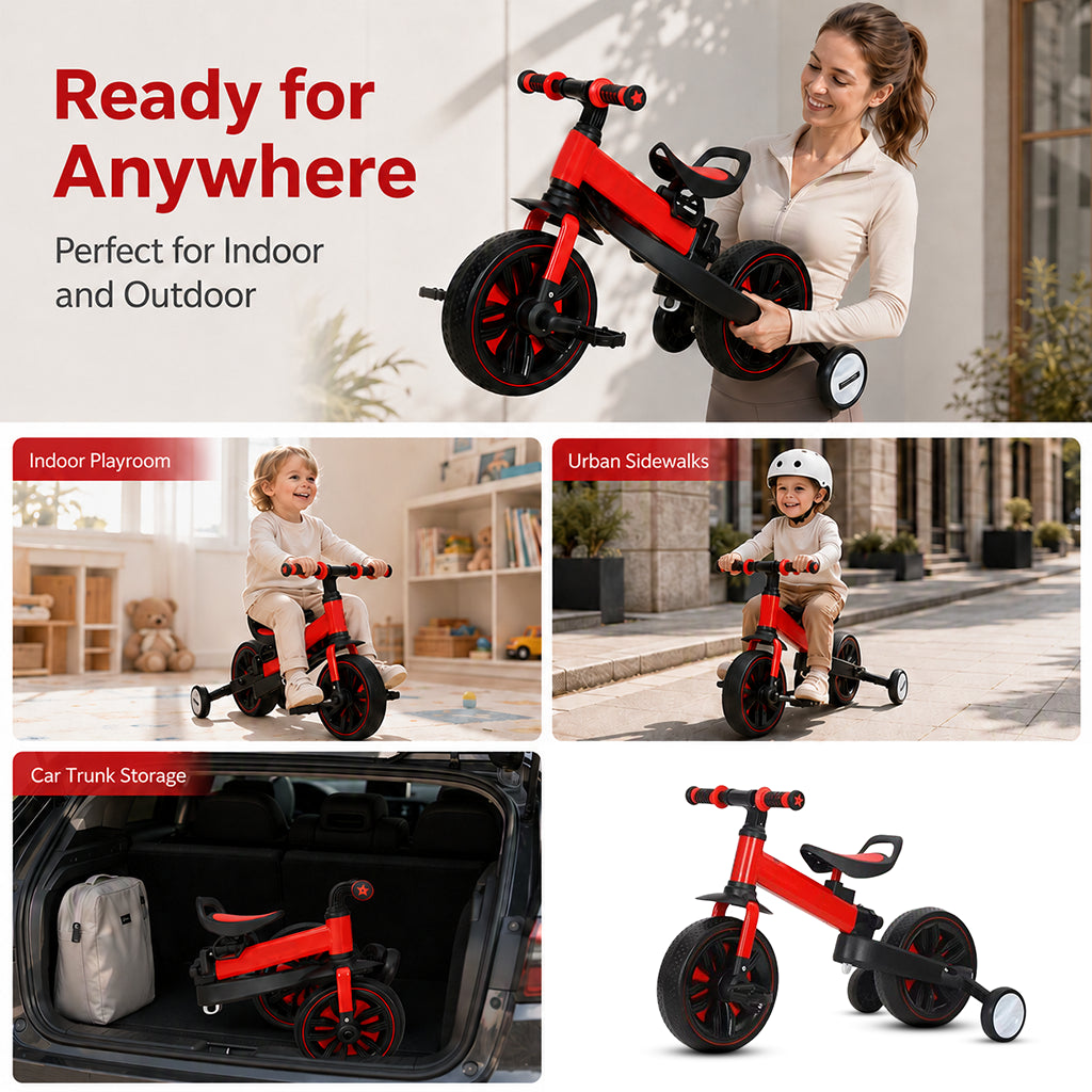 💥 50% off! 🚲 3-in-1 kids' tricycle – stroller, tricycle, and balance bike. Lightweight (2.8 kg) & foldable. High-strength carbon steel, EVA wheels. For ages 2–6, max. 90 kg. Red/Blue/Pink/Yellow 🛡️