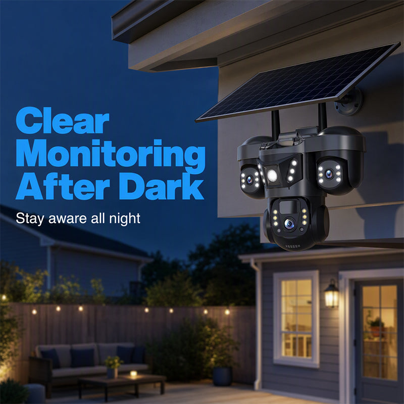☀️ Solar Triple-Lens Security Camera – Clear Day/Night Monitoring, Outdoor Home Surveillance for Yard, Driveway & Garage 🏠