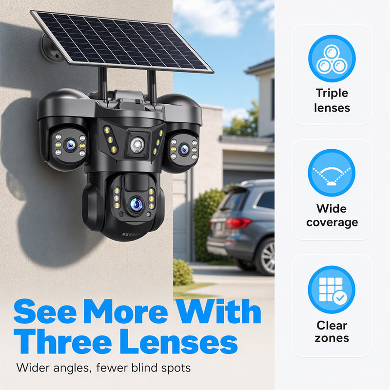 ☀️ Solar Triple-Lens Security Camera – Clear Day/Night Monitoring, Outdoor Home Surveillance for Yard, Driveway & Garage 🏠