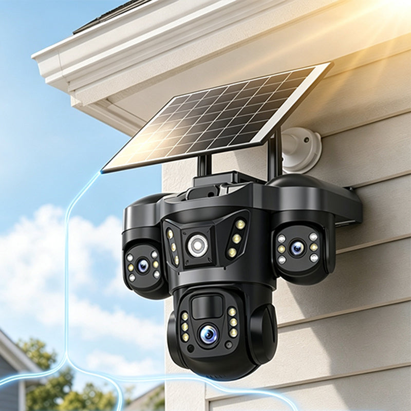 ☀️ Solar Triple-Lens Security Camera – Clear Day/Night Monitoring, Outdoor Home Surveillance for Yard, Driveway & Garage 🏠