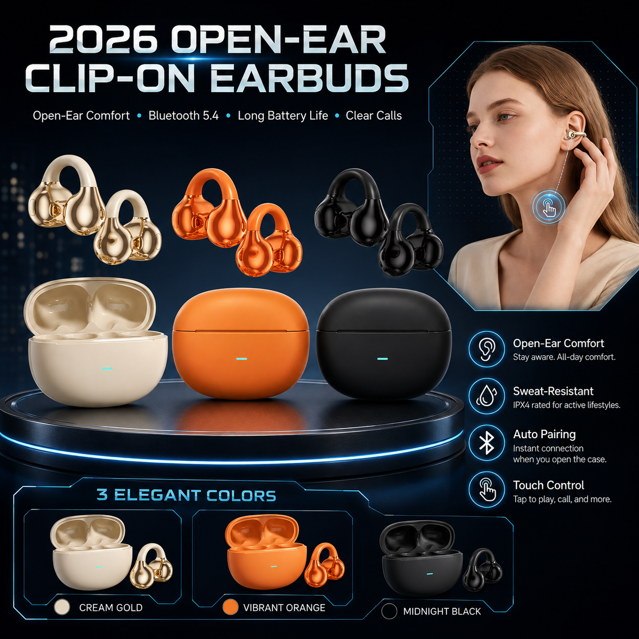Open-Ear Clip-On Wireless Bluetooth Earbuds