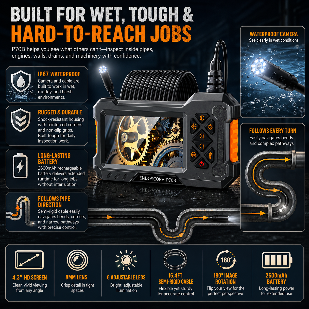 Waterproof & Handheld HD Industrial Endoscope
